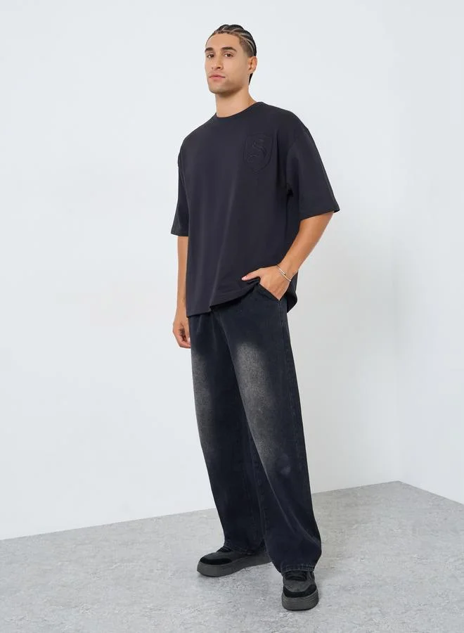 Styli Men Black Embroidered Oversized T-Shirt